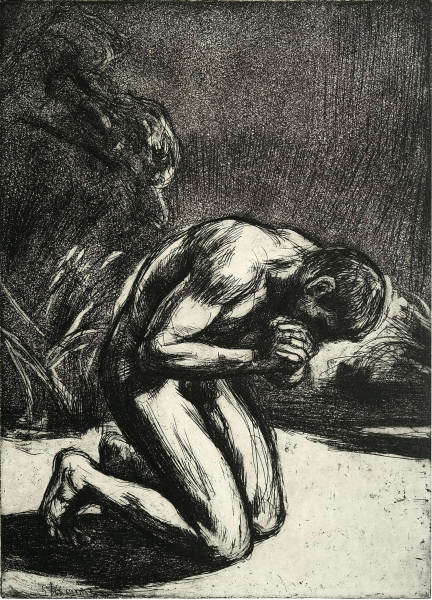 -Das Gebet-     etching and hand made print by  Martin Stommel 42 x 30 cm 2021  edition: 25 The prints are presented in two different handmade  boxes, the box „Adam“ contains 3 etchings with a portrait of biblical Adam, each box is 44 x 32,5 cm