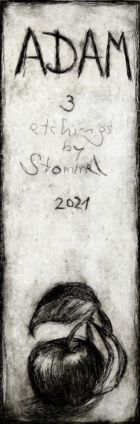 Adam    etching and hand made print by  Martin Stommel 42 x 30 cm 2021  edition: 25 The prints are presented in two different handmade  boxes, the box „Adam“ contains 3 etchings with a portrait of biblical Adam, each box is 44 x 32,5 cm