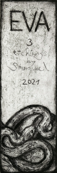 Eve    etching and hand made print by  Martin Stommel 42 x 30 cm 2021  edition: 25 The prints are presented in two different handmade  boxes, the box „Eve“ contains 3 etchings with a portrait of biblical Eve, each box is 44 x 32,5 cm