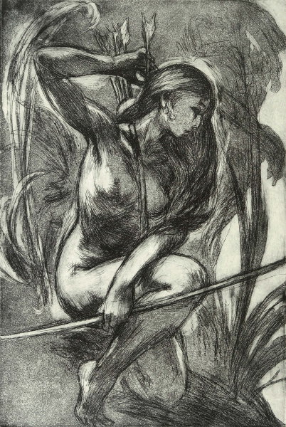 -Die Jagende-    etching and hand made print by  Martin Stommel 42 x 30 cm 2021  edition: 25 The prints are presented in two different handmade  boxes, the box „Eve“ contains 3 etchings with a portrait of biblical Eve, each box is 44 x 32,5 cm