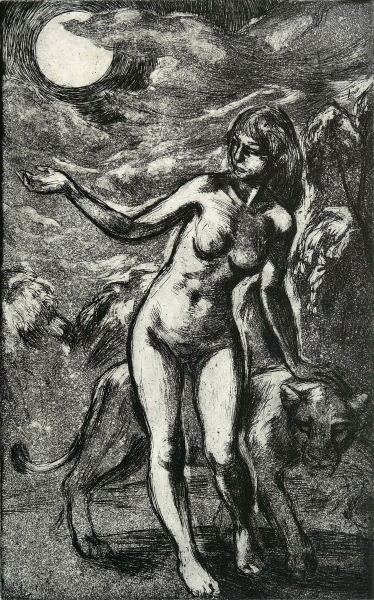 -Im Vollmond-   etching and hand made print by  Martin Stommel 42 x 30 cm 2021  edition: 25 The prints are presented in two different handmade  boxes, the box „Eve“ contains 3 etchings with a portrait of biblical Eve, each box is 44 x 32,5 cm