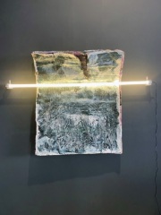 "L`espace en face" oil on paper an  LED light  110 x 140 x 15 cm 2020