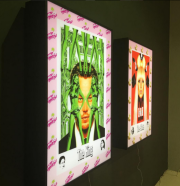 SEANCE - Kathrin Günter und Tanja Selzer at janinebeangallery, Berlin 2016 Work: Star Shots IV "Celebrity Tarot", Lightboxes 70x100 cm, wood, Acrylglas, LED 78