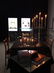 SEANCE - Kathrin Günter und Tanja Selzer at janinebeangallery, Berlin 2016 Work: Star Shots IV "Celebrity Tarot", Lightboxes 70x100 cm, wood, Acrylglas, LED 78 Tarot cards, framed Boxed card set in vitrine