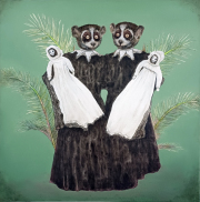 Hybrid#11 (Slow Lorises), 90×90 cm, pencil, charcoal and oil on canvas, 2024