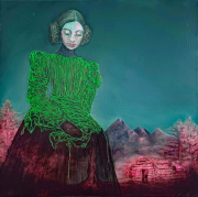 Hybrid#17 (Lizard), 70×70 cm, pencil, charcoal, acrylic, oil and wool on canvas, 2025