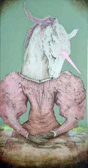Hybrid#18 (Unicorn), 170×90 cm, pencil, charcoal, acrylic and oil on canvas, 2025
