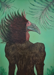 Hybrid#8, (Balck Rhinoceros Bird) 110×80 cm, Pencil, charcoal and oil on canvas, 2024