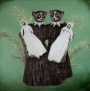 Hybrid#11 (Slow Lorises), 90×90 cm, pencil, charcoal and oil on canvas, 2024