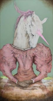Hybrid#18 (Unicorn), 170×90 cm, pencil, charcoal, acrylic and oil on canvas, 2025