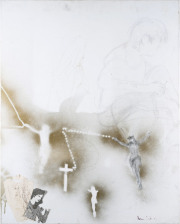 „Gold Reserves Crucifix“ spray paint, pencil, applications on canvas 76 x 61 cm 2017 / 2018