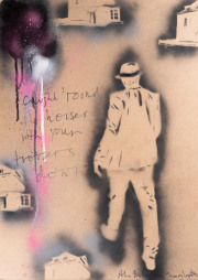 „Caught Round The Houses with Your Trousers Down“ („Felt Better Alive“ series, in collaboration with Thomas Leprêtre) spray paint, marker on MDF 70 x 50 cm 2023 / 2024