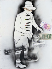 „And He Likes to Sing Along“ („Felt Better Alive“ series, in collaboration with Thomas Leprêtre) spray paint, acrylic, burn marks, applications on canvas 80 x 60 cm 2023 / 2024