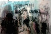 Birte (Für die Zukunft!) 100 x 150 x 10 cm paper collage and mixed media on canvas with printed acrylic glas in the front 2017