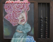 Miss Muffett colored pencil on vintage slate abacus chalkboard 22 x 25 cm 2017