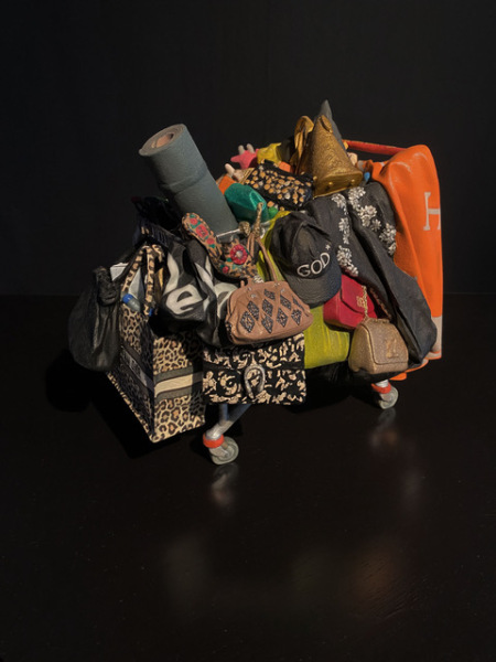 Der Pennerwagen / "The Bum Car" 3D printing made of synthetic resin, hand-painted and sealed with UV protective varnish With associated video performance "Shopping cart" 25x18x20cm 2023 Unique