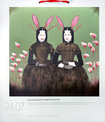 Marie Louise Elshout’s painting Hybrid #14 (Jackalopes) was selected for the Grote Nederlandse Kunstkalender 2026 and is featured on July 24. The original painting is currently on view at janinebeangallery in Berlin