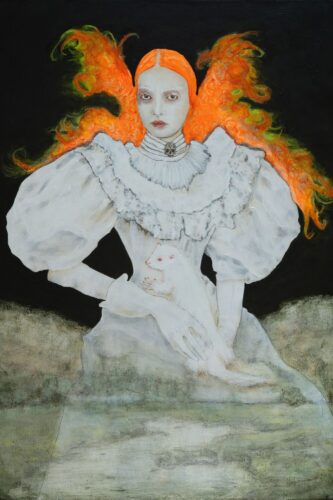 Painting Vanitas No. 6 (Albino Mink) by Marie Louise Elshout: A pale woman in a voluminous white historical gown holds a white mink in her arms. Her bright orange, flame-like hair stands out against a black background, while transparent grey-green glazes at the bottom suggest a misty landscape. The work addresses memory, transience, animal suffering and the fragility of nature.