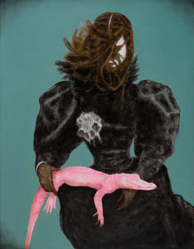 Painting Vanitas No. 4 (Munich Albino Alligator) by Marie Louise Elshout: A woman in a voluminous black dress, her face obscured by long brown hair, holds a luminous pink albino alligator across her lap. A pale, skull-like shape on her chest evokes death and transience, while the cool turquoise background heightens the contrast between the dark figure and the rare animal.