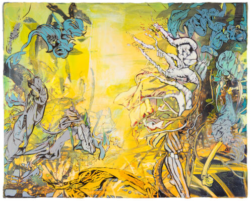 Andrea Damp, Sardanapal, 2015 – expressive painting dominated by luminous yellow, dark lines and animated figurative and vegetal forms.